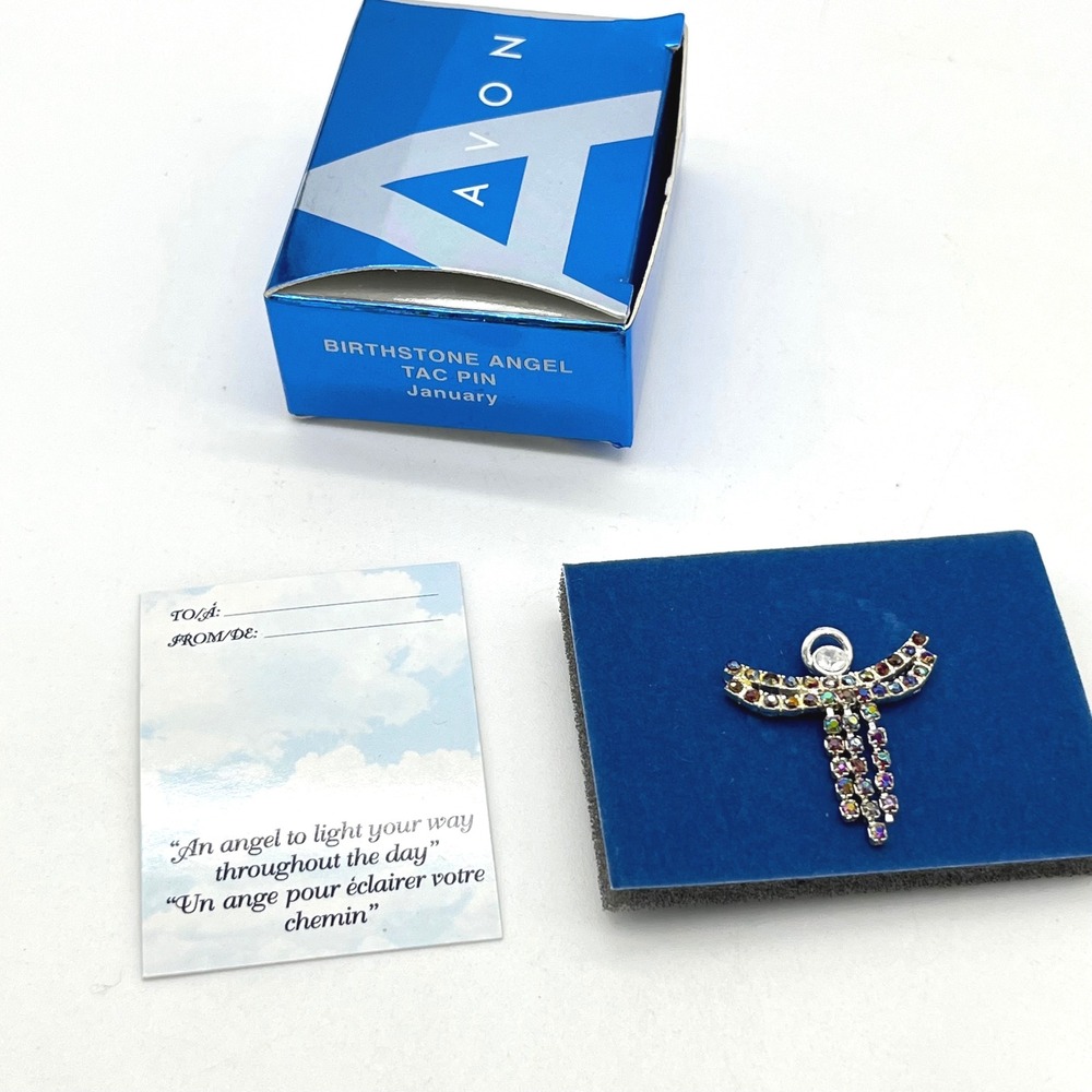Avon Birthstone Angel Tac Pin January Rhinestone‎ Brooch in Box New